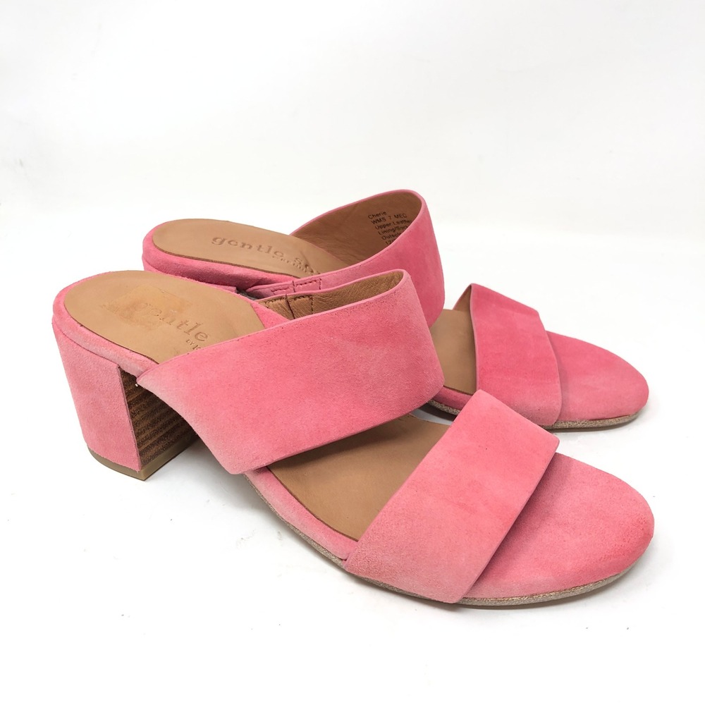 Gentle Souls Womens 7 Cherie Block Heel Mules Pink Suede Open Toe Sandals
